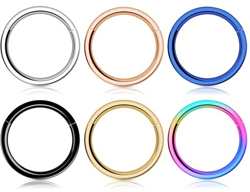 Kucheed 6 Stück Nasenring für Damen und Herren, Creolen aus Chirurgischem 316L Stahl Septum-Clicker Segmentring mit Scharnier, 8mm Hypoallergenes Conch Lobe Piercing Daith-Helix-Ring (16G 8mm)