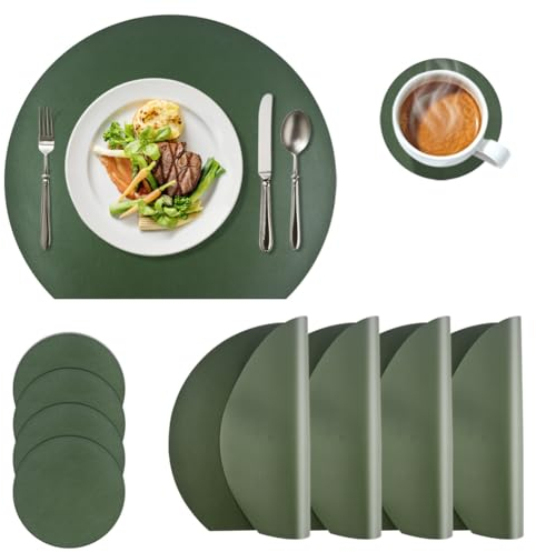 Abwaschbar Tischset PU-Leder Platzset Set - 4er Platzdeckchen, Wasserdicht und Runde Untersetzer, Abgrifffeste Hitzebeständig für Küche Speisetisch, Grün