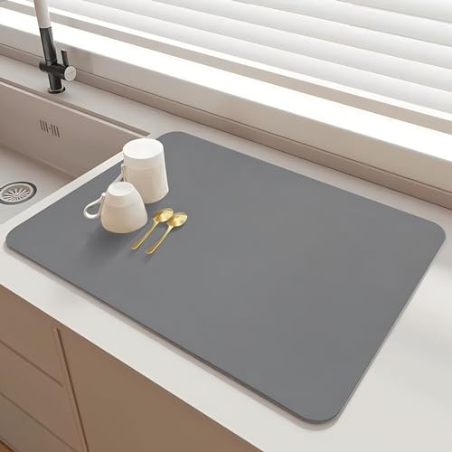 SOQKEEN Geschirrabtropfmatte, Saugfähig, 40 x 50 cm, Hellgrau | Saugfähig, Schnelltrocknend, Rutschfeste Gummiunterseite, Arbeitsplattenschutz, Für Küche & Kaffeemaschine