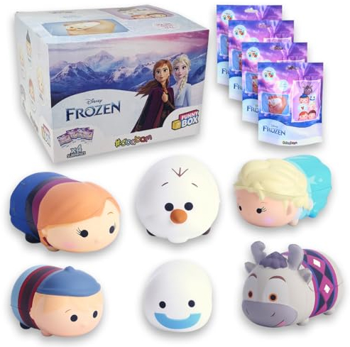 #sbabam FUNNY BOX Disney Frozen Tsum Tsum, Giochi per Bambini da Edicola, Giocattoli Squishy Morbidi, Pack 4 Pz con Giochi Frozen di Elsa, Anna, Olaf e Tanti Altri - Pupazzi Disney per Regalo Bambino