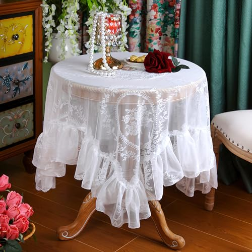 Vintage Weiße Spitze Tischdecke Blumen Bestickte Rüschen Quadratisch Tischtuch, französische rustikale Häkeltischdecke für Hochzeit Party Bankett Dekoration, 180x180cm