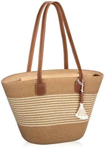 iSamzan Straw Beach Tote Bag for Women, Large Woven Purse with Zipper for Summer Travel, Beach Vacation Shoulder Bag, Brown, L
