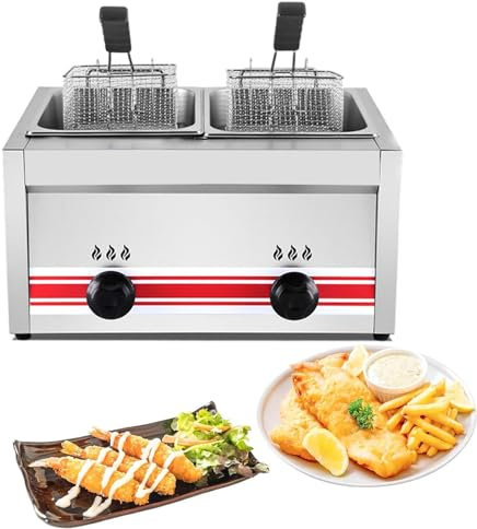 Beachtiful LPG Gas Fritteuse, Propan LPG Edelstahl, Gewerbliche Arbeitsplatte, Fritteuse für Pommes Frites, Restaurant, Heimküche, 2 x 10 l