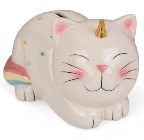 MIJOMA Keramik Spardose mit Schloss und Schlüssel, Niedliches Design für Kinder & Erwachsene, Ideal als Geldgeschenkverpackung und zur Geldsicherung (Einhorn-Katze)