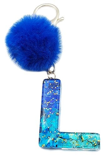Xsclpomddy Mädchen Alphabet Buchstaben Schlüsselanhänger Niedlich Schlüsselanhänger Glitzer mit Pom Pom Quasten Harz Blau Keychain für Tasche Charme,L