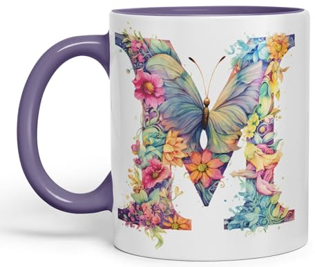 Vixar Letter M Mug, Floral Flowers Butterfly Alphabet Letter M Monogram Watercolour Ceramic Coloured Mug Cup for Tea Coffee Hot Brew 330ml 11Oz Gift (Purple)