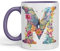 Vixar Letter M Mug, Floral Flowers Butterfly Alphabet Letter M Monogram Watercolour Ceramic Coloured Mug Cup for Tea Coffee Hot Brew 330ml 11Oz Gift (Purple)