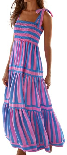 FeMereina Women Sleeveless Striped Maxi Dress Summer Tie Shoulder Flowy Boho Dress Aline Long Beach Sundress
