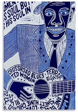 XFPOBH Poster auf Leinwand mit Robert Johnson Blues-Gitarre, Vintage-Poster, Wandkunst, Bild, Heimdekoration, Druck für Schlafzimmer, Wohnzimmer, 30 x 45 cm, ungerahmter Stil