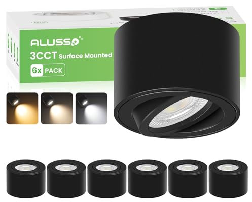 ALUSSO LED Aufbauspot Schwarz Dimmbar, 6W 540LM LED Modul 230V, 3000K/4000K/6500K Einstellbar Deckenstrahler, 60°&120° Wählbar Aufbaustrahler, Extra Flach 30°Schwenkbar Ø80x50mm Deckenspots, 6er-Pack