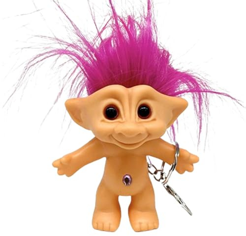 Troll-Puppen-Schlüsselanhänger – Vintage chromatischer bezaubernder Troll, verrückte Haarfigur, 10 cm Glück, Vinyl-Schlüsselanhänger, Schlüsselhalter – Rosa
