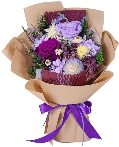 Lovionus89 Stabilisierter Blumenstrauß – Natürliche, lang haltbare echte Blumen, Ewige Liebe Zeitlose Rose, Dekorative Blumen für Jubiläen, Geburtstage und Muttertag, Lila