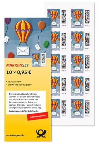 DEUTSCHE P0ST 10x 0,95€ Briefmarken selbstklebend, für Standardbriefe bis 20g & Postkarten, inkl. 10 Briefumschläge DIN lang