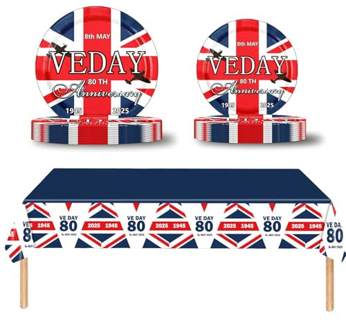 33Pcs VE Day Plates Set 80th Anniversary Party Tableware for VE Day Table Decoration,80 Years Victory In Europe Dinnerware Plastic Table Cloth,Paper Plates for VE-Day 80th Anniversary Decorations