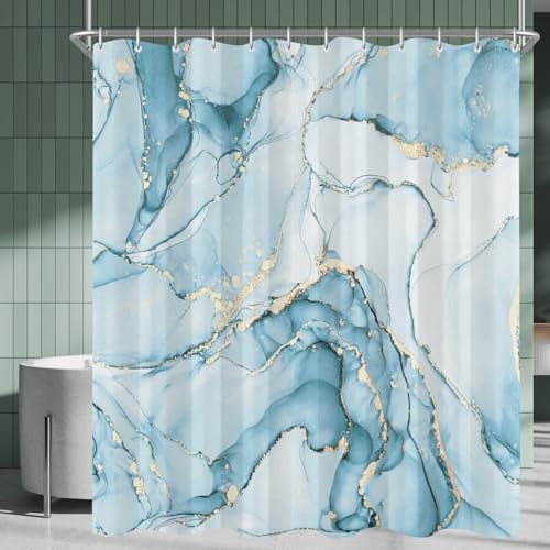 Lerores Duschvorhang 120x200 cm Hellblau Marmor, Beschwerter Saum Antischimme, Wasserabweisend, Waschbar Polyester Badevorhänge mit 8 Ösen und Duschvorhangringen für Badezimmer, Badewanne