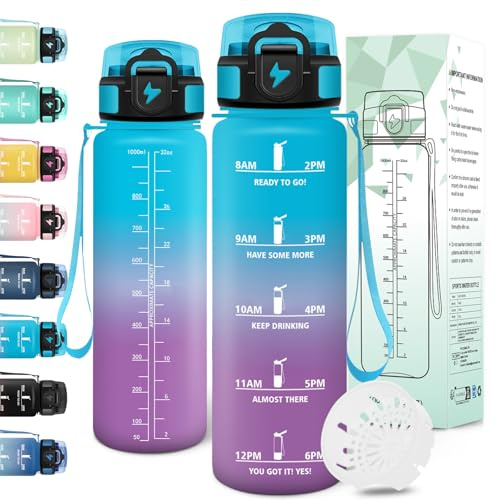 Motswedi Botella agua 1 litro, Reutilizable, Cantimplora, a Prueba de Fugas, Botella agua Gimnasio, con Marcador de Tiempo, botellas Gympara Escuela, Gym, Yoga, Oficina, Azul Morado