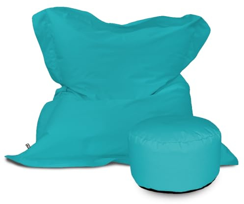 rucomfy Indoor/Outdoor Adult Squarbie Beanbag - With Footstool - Turquoise | Premium Pre-Filled Large Bean Bag Chair - Giant Floor Cushion - UV Resistant Versatile Seating - Machine Washable - 170x130cm