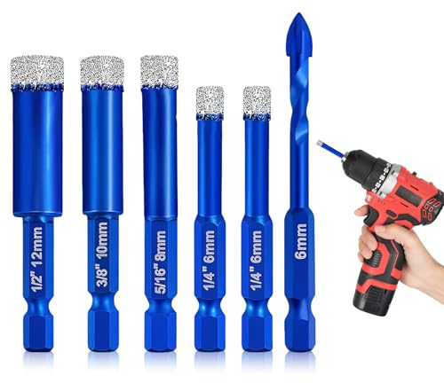 Drill Bit Sets, 6pcs Masonry Porcelain Tile Drill Bits 6mm 8mm 10mm 12mm Diamond Concrete Masonry Drill Bit Set 6mm Tile Hex For Ceramic Stone Marble Glass Granite