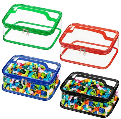 Emwel 4 Pcs Toy Storage Bags-Clear PVC Organizing Bags Storage for Kids-Zippered Toy Container with Handle -Reusable Waterproof Travel Case Pouch for Building Blocks, Puzzle, Balls, Pretend Play Toys