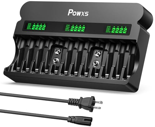 POWXS 12-Bay Smart Battery Charger for AA AAA 9V Ni-MH/Ni-CD, 1800mA Fast Charging, LCD Display & Auto Protection, AC Cable Included