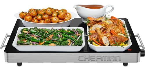 Chefman Electric Warming Tray, Glass-Top 53 x 41 cm, Temperature Control | Adjustable Heat, for Buffets, Parties & Events, Stainless Steel