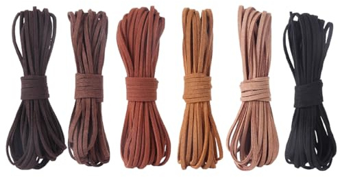 LUDHEP 6 Pezzi 5 M X 3 mm Cordoncino in Pelle Scamosciata, 30M Cordino in Pelle Piatto, Corda di Cuoio, 6 Colori, Braccialetto collana perline gioielli fai da te Crafts