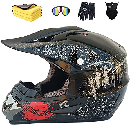 Motorradhelm, Motocross Helm für Kinder, Cross-Helm mit Handschuhe, Maske, Brille, ATV, MTB, Bright Black, 52-56cm