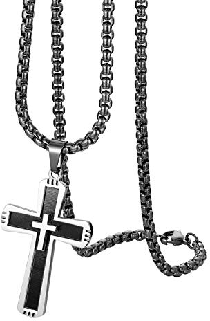 Flongo Herren Kreuz Halskette Männer Anhänger Rosenkranz Kette Schwarz Jahrgang Herren-Accessoires