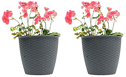 St@llion 20cm Plastic Round Rattan Style Garden Flower Plant Pots Indoor Outdoor Modern Décor Planter Circular Plastic Garden Flower Plant Herb (Random, Pack of 2)