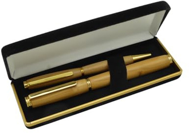 Set Kugelschreiber und Füller handgedrechselt aus Edelhölzern, Schreibset, Unikate (Eibe, gold)