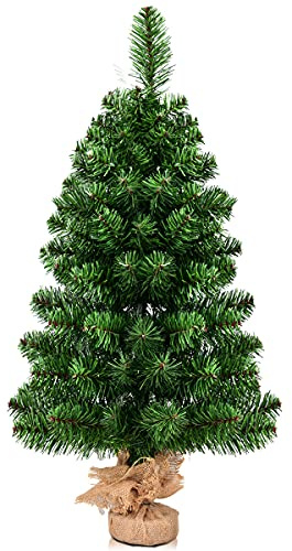 GYMAX 90 cm Weihnachtsbaum klein, Mini Tannenbaum künstlich mit 96 Spitzen & Zementbasis, Naturgetreue dichte Zweige, Tisch-Christbaum im Topf für Zuhause & Büro, Grün
