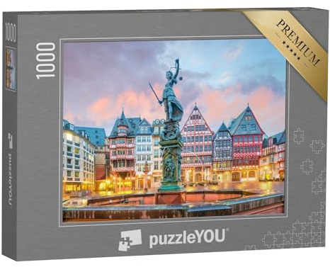 puzzleYOU: Puzzle 1000 Teile „Dämmerung am Altstadtplatz Römerberg in Frankfurt, Deutschland“ – aus der Puzzle-Kollektion Hessen, Frankfurt, Deutsche Städte