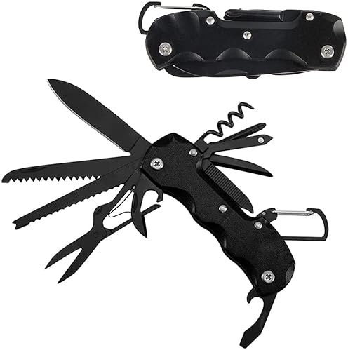 Couteau Suisse, Taozoey Couteau Multifonction 12 en 1, Couteau de Poche Suisse, Swiss Couteau avec Tournevis, Tire-Bouchon, Couteau Pliant, Scie, Ciseaux (Le Noir)