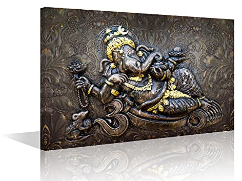 1 Stück Wandkunst für Wohnzimmer Elefant Poster Drucke auf Leinwand Lord Ganesha Wanddekorationen Modern Indian God Home Decor Modern Artwork gespannt und gerahmt fertig zum Aufhängen (61 cm Bx91 cm