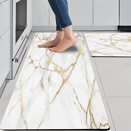 Mrcrypos Juego de 2 alfombras de cocina doradas y blancas, acolchadas, antifatiga, de mármol, de PVC, impermeables, de cuero, antideslizantes, cómodas, para fregadero, lavandería, oficina, 17 x 29