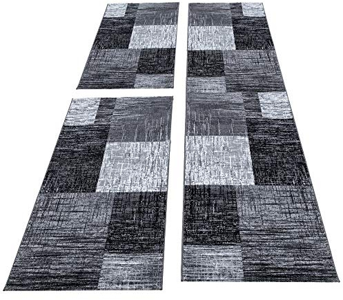 Carpettex Kurzflor Läufer Set 3 Teilig Weich & Soft Bettumrandung Schlafzimmer Flur Teppich 6 mm Florhöhe Farbe Grau Schwarz Meliert, Farbe:Schwarz, Bettset:2 mal 80x150 cm + 1 mal 80x300 cm