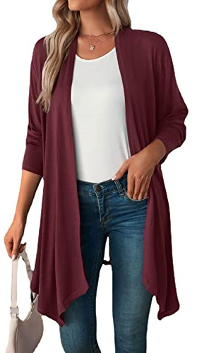 Famulily Cardigan da donna morbido a maniche lunghe a cascata drappeggiato leggero aperto davanti spolverino, vino, XL