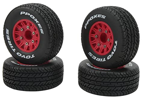 SPYMINNPOO RC Truck Reifen, Short Course Truck Reifen Starke DäMpfung 1/10 RC Short Course Truck Rad mit Sechskantadapter FüR ARRMA (Rot) Modellspielzeug Körperteile