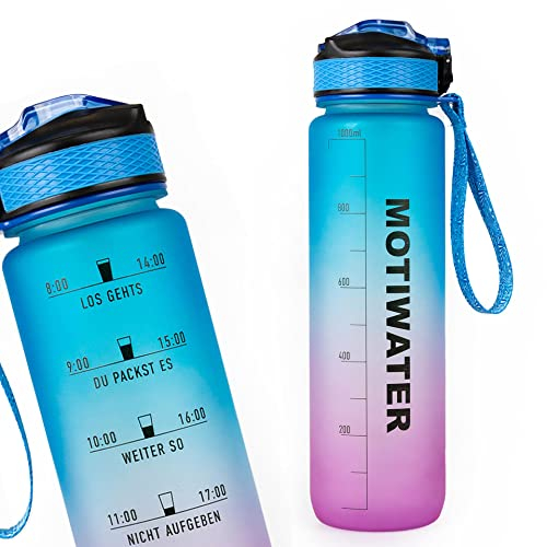 Trinkflasche 1L, deutsch, Motivation, Spühlmaschinen geeignet, Wasserflasche Auslaufsicher, BPA Frei, Sportflasche mit Zeitmarkierung (Lila/Blau (schwarze Schrift))