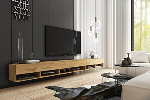 MINIO go for it - Armoire TV Lowboard Anne I 300x30x33 cm I avec Portes et Niches Ouvertes I Panneau de Particules Stratifié I Fonctionnel I Chêne Wotan - Éclairage LED