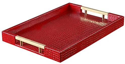 JANERIW-Serviertablett Mit Griffen,Dekoratives Tablett Für Den Couchtisch,Ottomane-Tablett Für Das Wohnzimmer,Moderne Elegante Rechteckige Ledertabletts Für Alle Anlässe(Rot)