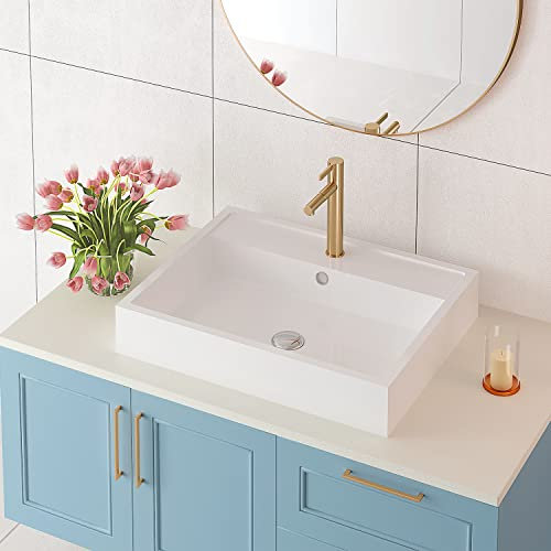 ARTSTONE Fregadero rectangular de resina de piedra con drenaje emergente, 23.6 x 18.5 pulgadas, fregadero rectangular de encimera, blanco brillante