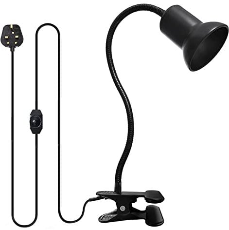 WEEVDRIE E27 Clip Desk Lamp，360° Rotating Ceramic Spotlight，Basking Lamp Reptiles w/ 220CM Cord，E27 Adjustable Turtle Light Holder Flexible Reptile Lamp Fixture Lizards Turtles，Black (R70149.TB)