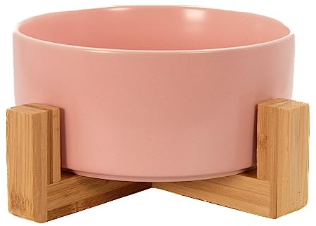 Intirilife Ciotola in ceramica in Rosa - Dimensioni totali 20.5 x 8.5 cm - Ciotola 15.5 x 6.5 cm - Capacità di riempimento di 800 ml - Ciotola per cibo acqua per cani e gatti con supporto in bambù