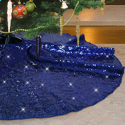 Eternal Beauty Xmas Tree Skirt - 91cm Round Sequin Tree Base Cover for Christmas Decorations (36 inches, Blue)