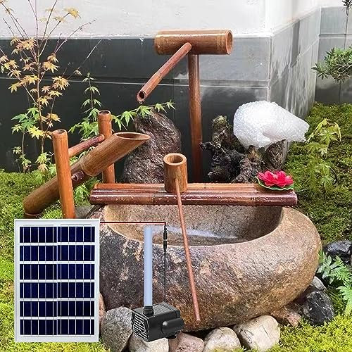 ZZYYZZ Fontaine à Eau Solaire en Bambou Zen Garden, avec Pompe et radeaux en Bambou et cuillères en Bambou, Petite Fontaine extérieure en Bois, Fontaine à Eau Bricolage pour Jardin,Raw Bamboo
