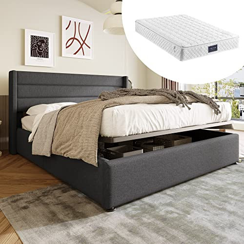 KUAKE Stauraumbett Polsterbett Hydraulisch Doppelbett 140x200cm, Bett mit Lattenrost aus Metallrahmen, Leinen, Grau (140x200cm Inklusive Matratze, Grau)