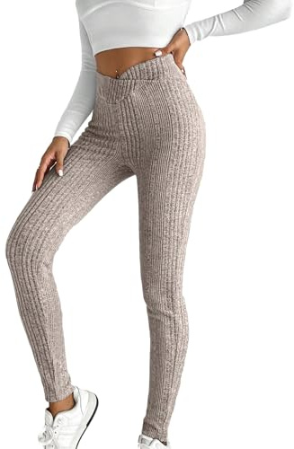 WDIRARA Women's Elastic Waist Leggings Ribbed Knit Casual Long Pants Apricot S