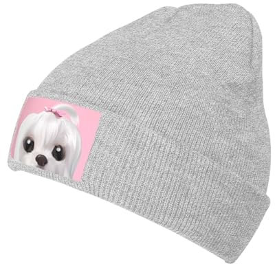 YYHHAOFA Hübsche Malteser-Hunde-Drucke, schwarz, warm, Strickmütze, Kappe: weich, gute Elastizität, geeignet für Outdoor-Sportarten, grau, Einheitsgröße