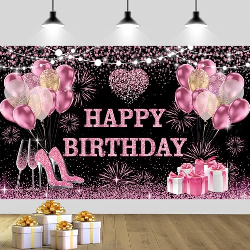 YinQin 180x120 cm Pink Golden Happy Birthday Backdrops Cloth 71x47 inch Bday Photography Backgrounds Glitter Black Rose Golden Happy Birthday Sign Banner Decoration for Women Girl